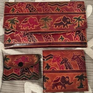 Genuine Leather Indian design Clutch, Billfold and change Purse set of 3 Vintage